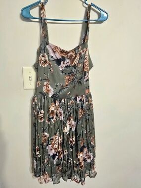 Xhilaration Olive Green Floral Sundress with Brown and Pink Roses